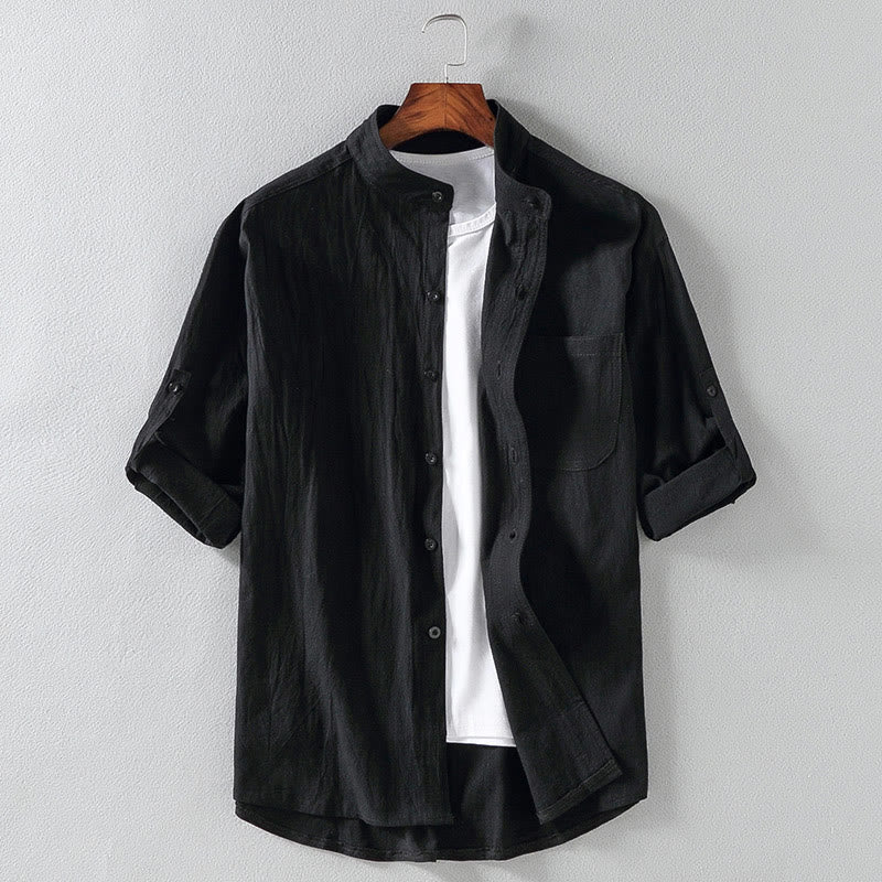 Camicia da uomo in cotone e lino, monopetto, casual, vintage, con maniche a tre quarti, con taschino, Buddha Stones