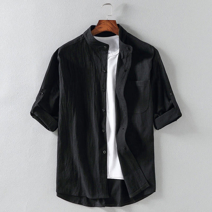 Camicia da uomo in cotone e lino, monopetto, casual, vintage, con maniche a tre quarti, con taschino, Buddha Stones