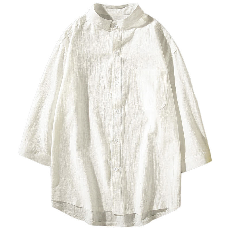 Camicia da uomo in cotone e lino, monopetto, casual, vintage, con maniche a tre quarti, con taschino, Buddha Stones