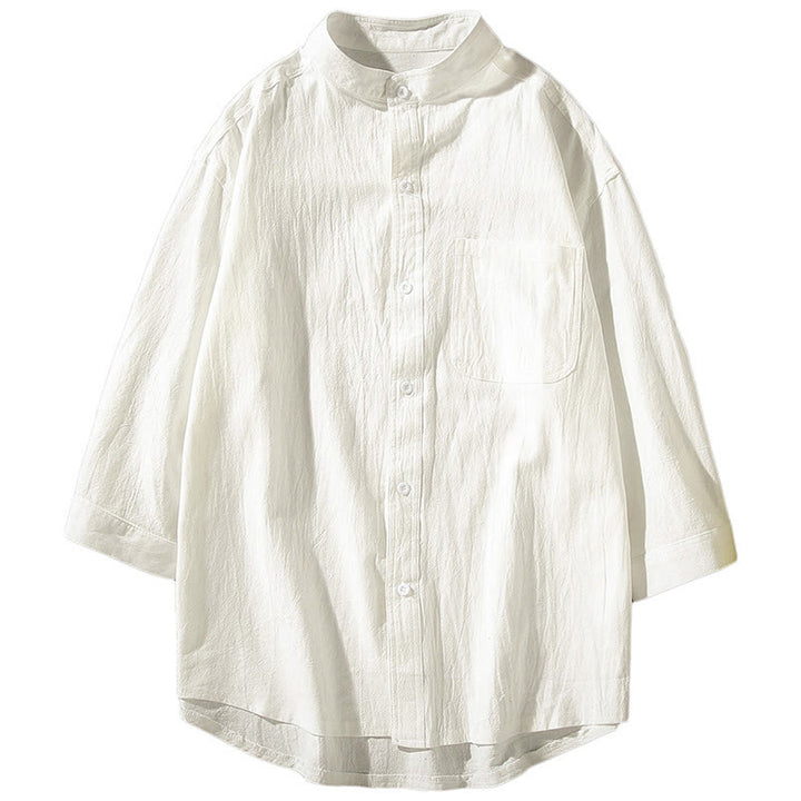 Camicia da uomo in cotone e lino, monopetto, casual, vintage, con maniche a tre quarti, con taschino, Buddha Stones