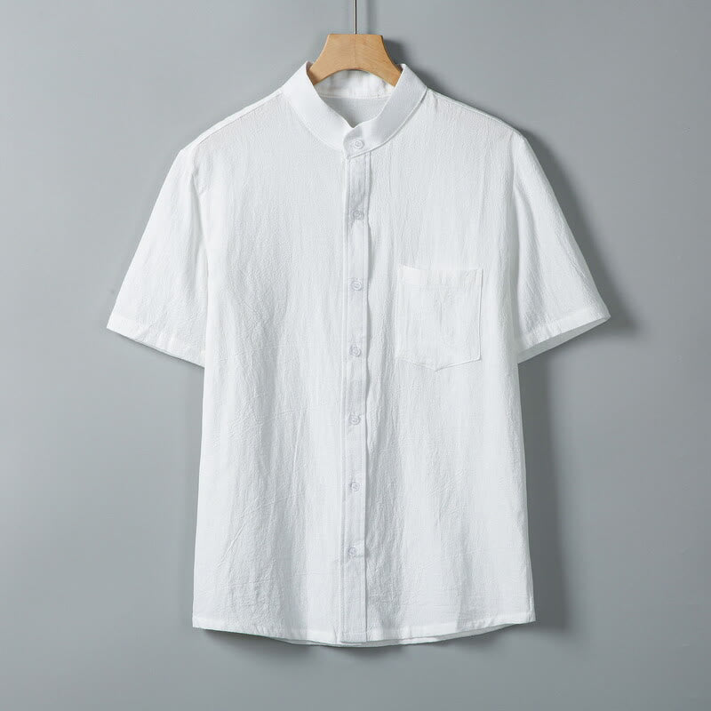 Camicia da uomo in cotone e lino a maniche corte, monopetto, tinta unita, con stampa Buddha Stones Daily e tasche - Bianco - US/UK/AU46, EU56 (5XL) - image 1