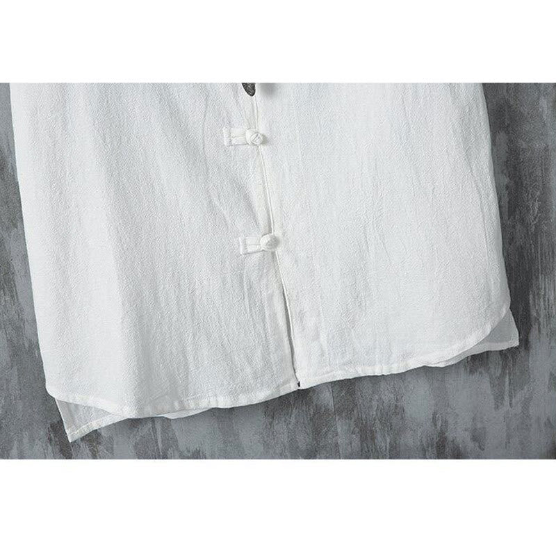 Camicia da uomo in cotone e lino a maniche corte, casual, semplice, con bottoni cinesi a forma di rana, modello Buddha Stones - image 8