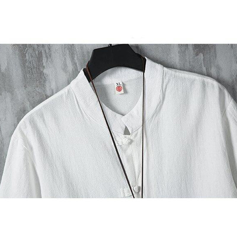 Camicia da uomo in cotone e lino a maniche corte, casual, semplice, con bottoni cinesi a forma di rana, modello Buddha Stones - image 5