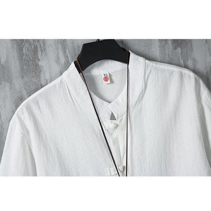 Camicia da uomo in cotone e lino a maniche corte, casual, semplice, con bottoni cinesi a forma di rana, modello Buddha Stones - image 5