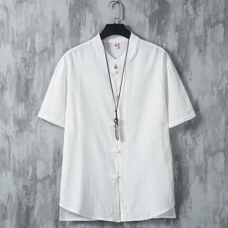 Camicia da uomo in cotone e lino a maniche corte, casual, semplice, con bottoni cinesi a forma di rana, modello Buddha Stones - Bianco - US/UK/AU46, EU56 (5XL) - image 1