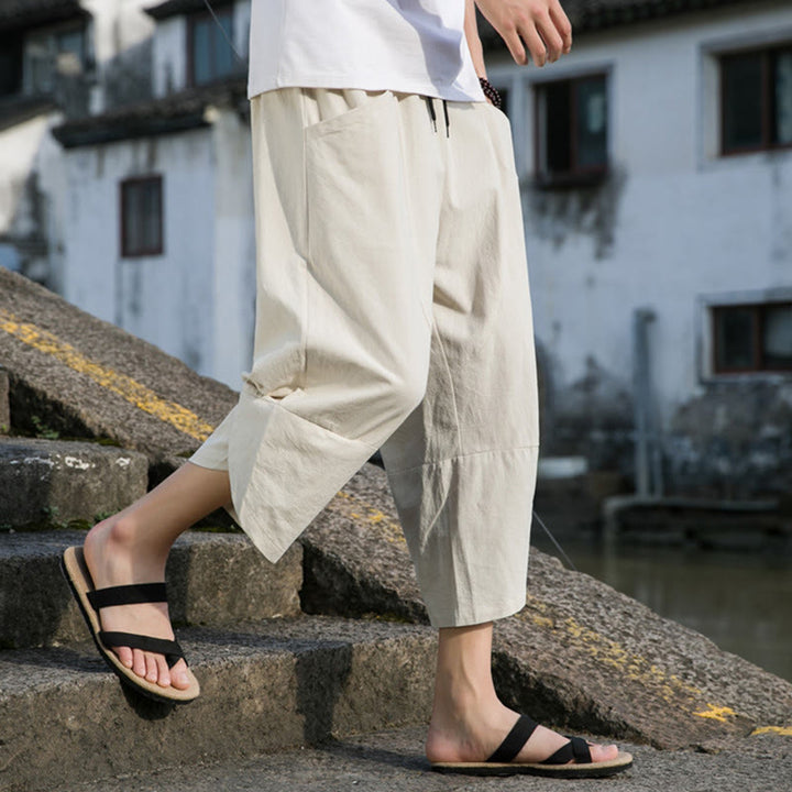 Pantaloni da uomo in lino e cotone, con coulisse, lunghezza 7-8, con tasche, modello Buddha Stones, casual, semplici e semplici, con design affusolato. - image 19