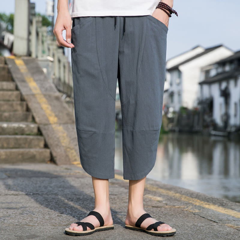Pantaloni da uomo in lino e cotone, con coulisse, lunghezza 7-8, con tasche, modello Buddha Stones, casual, semplici e semplici, con design affusolato. - image 1