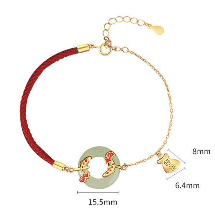 Braccialetto portafortuna della ricchezza con fibbia della pace con pesce Koi in argento Buddha Stones 999 e giada bianca di Hetian