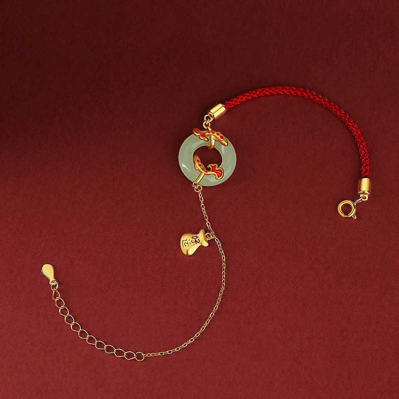 Braccialetto portafortuna della ricchezza con fibbia della pace con pesce Koi in argento Buddha Stones 999 e giada bianca di Hetian