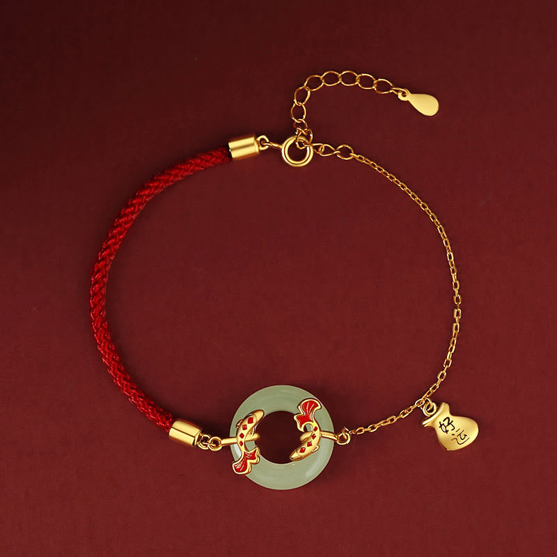Braccialetto portafortuna della ricchezza con fibbia della pace con pesce Koi in argento Buddha Stones 999 e giada bianca di Hetian