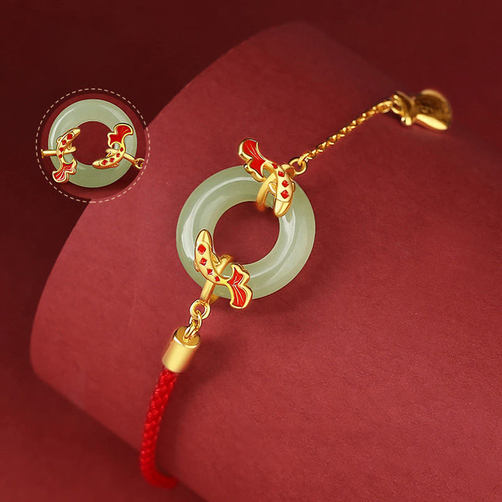 Braccialetto portafortuna della ricchezza con fibbia della pace con pesce Koi in argento Buddha Stones 999 e giada bianca di Hetian