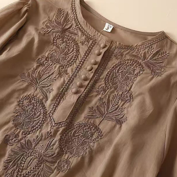Camicia casual da donna in cotone e lino con maniche corte, modello girocollo, motivo floreale ricamato, motivo Buddha Stones - image 2