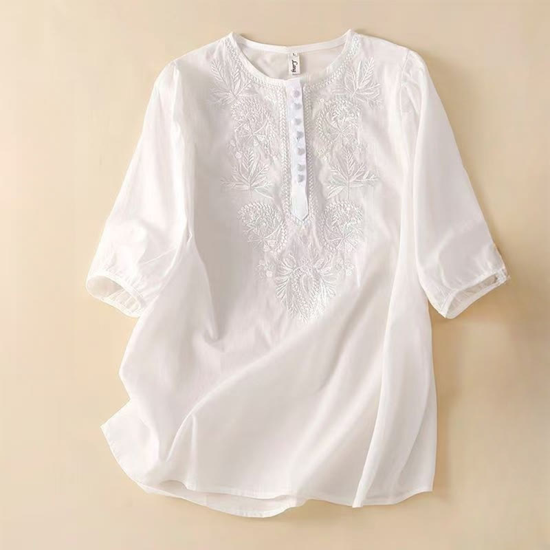 Camicia casual da donna in cotone e lino con maniche corte, modello girocollo, motivo floreale ricamato, motivo Buddha Stones - Bianco - US8-10, UK/AU12-14, EU40-42 (2XL) - image 9