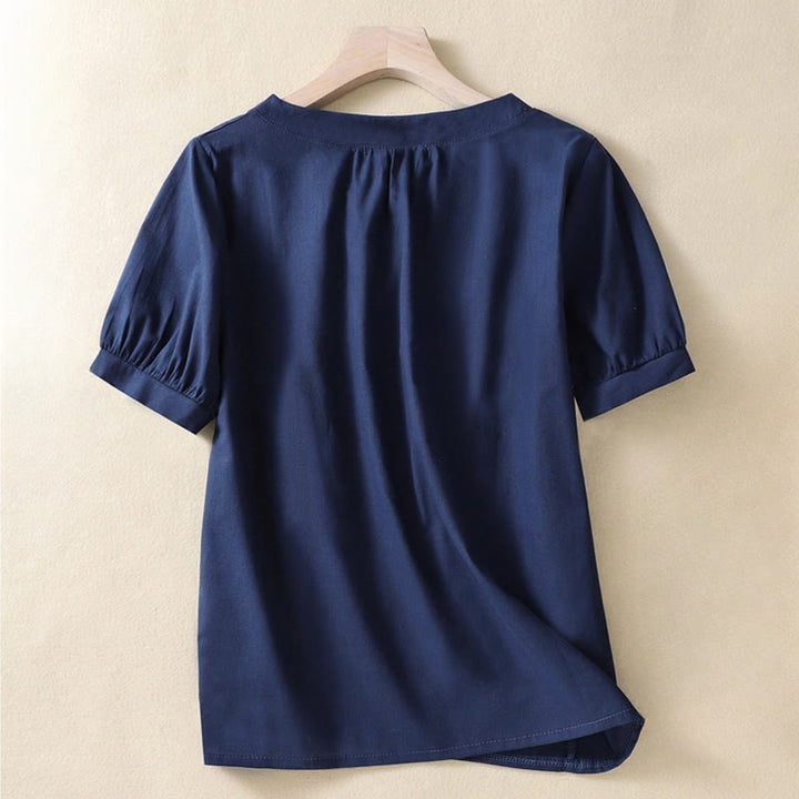 Camicia casual da donna in cotone e lino con scollo a giro semplice e bottoni, manica corta, modello Buddha Stones - image 7