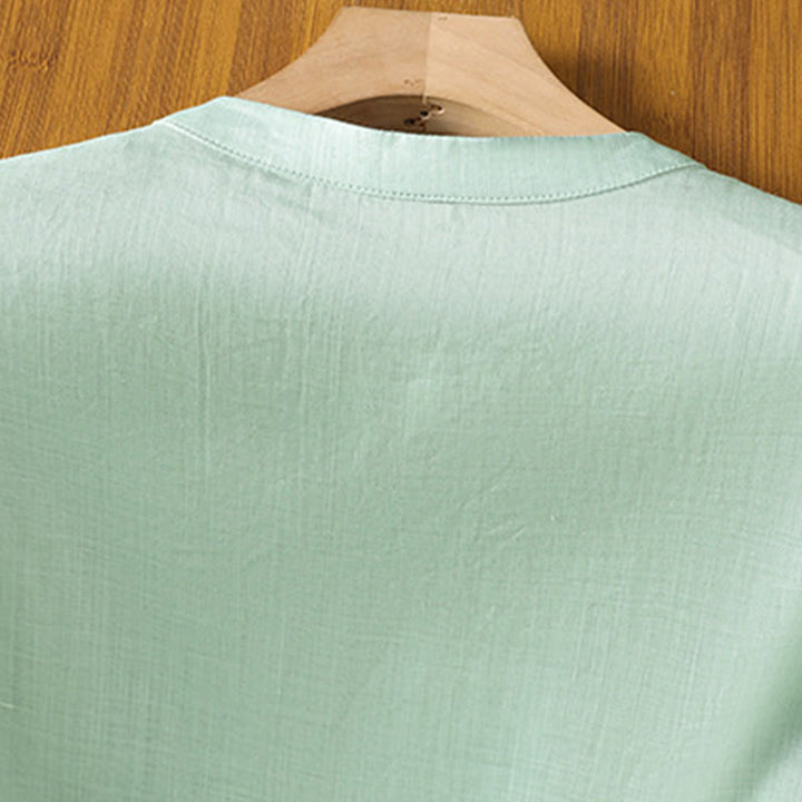 Camicia casual da donna in cotone e lino con maniche a mezza manica, motivo a rana, motivo ricamato con fiori e foglie, motivo a scollo rotondo, motivo Buddha Stones