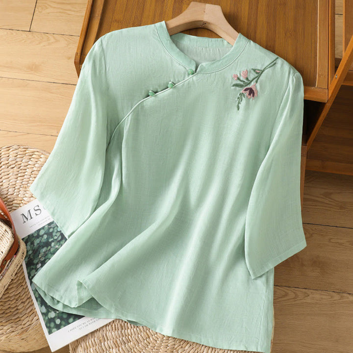 Camicia casual da donna in cotone e lino con maniche a mezza manica, motivo a rana, motivo ricamato con fiori e foglie, motivo a scollo rotondo, motivo Buddha Stones