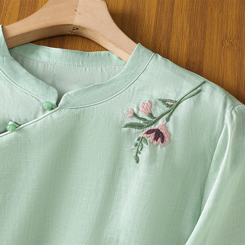 Camicia casual da donna in cotone e lino con maniche a mezza manica, motivo a rana, motivo ricamato con fiori e foglie, motivo a scollo rotondo, motivo Buddha Stones
