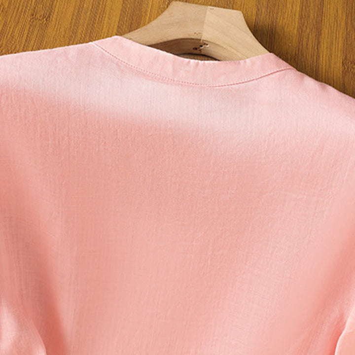 Camicia casual da donna in cotone e lino con maniche a mezza manica, motivo a rana, motivo ricamato con fiori e foglie, motivo a scollo rotondo, motivo Buddha Stones