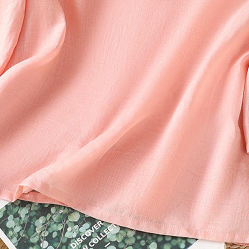 Camicia casual da donna in cotone e lino con maniche a mezza manica, motivo a rana, motivo ricamato con fiori e foglie, motivo a scollo rotondo, motivo Buddha Stones