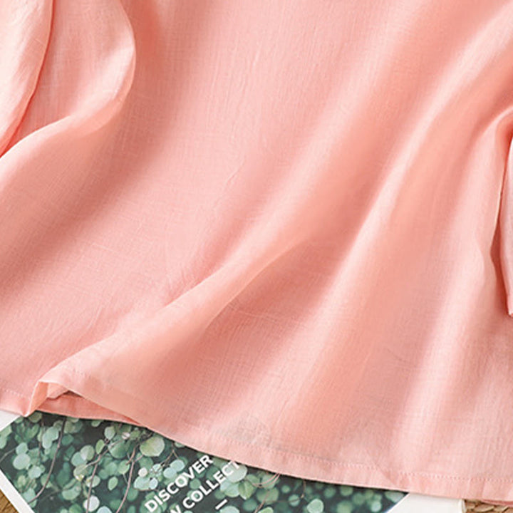 Camicia casual da donna in cotone e lino con maniche a mezza manica, motivo a rana, motivo ricamato con fiori e foglie, motivo a scollo rotondo, motivo Buddha Stones