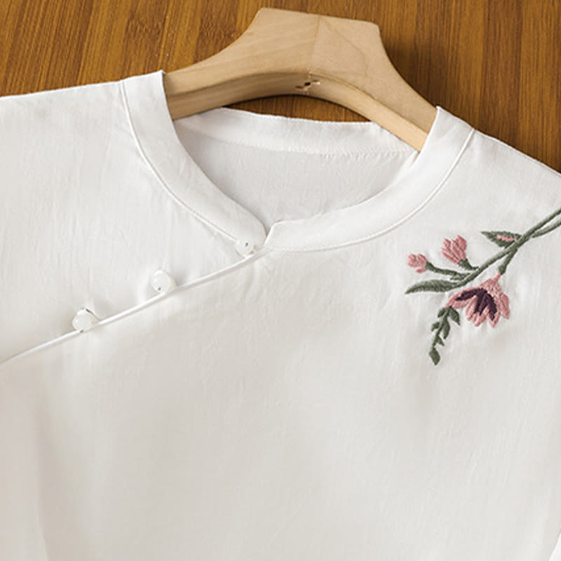 Camicia casual da donna in cotone e lino con maniche a mezza manica, motivo a rana, motivo ricamato con fiori e foglie, motivo a scollo rotondo, motivo Buddha Stones