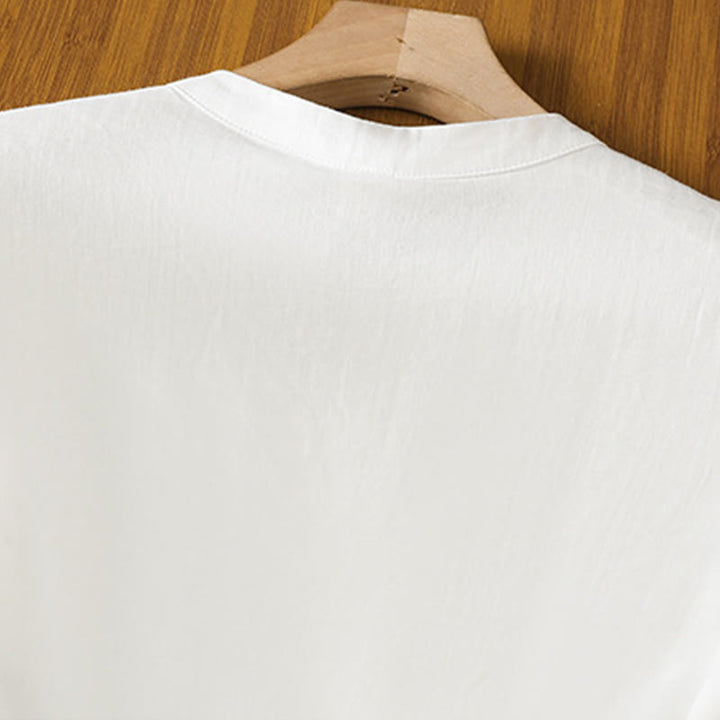 Camicia casual da donna in cotone e lino con maniche a mezza manica, motivo a rana, motivo ricamato con fiori e foglie, motivo a scollo rotondo, motivo Buddha Stones