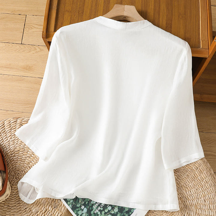 Camicia casual da donna in cotone e lino con maniche a mezza manica, motivo a rana, motivo ricamato con fiori e foglie, motivo a scollo rotondo, motivo Buddha Stones