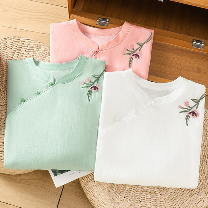 Camicia casual da donna in cotone e lino con maniche a mezza manica, motivo a rana, motivo ricamato con fiori e foglie, motivo a scollo rotondo, motivo Buddha Stones