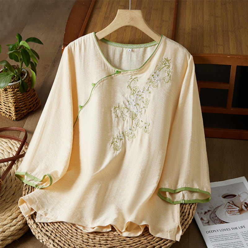 Buddha Stones casual da donna in cotone e lino con maniche a tre quarti, motivo a fiori ricamati, bottoni a rana, colletto inclinato - PapayaWhip - US12, UK/AU16, EU44 (3XL) - image 6