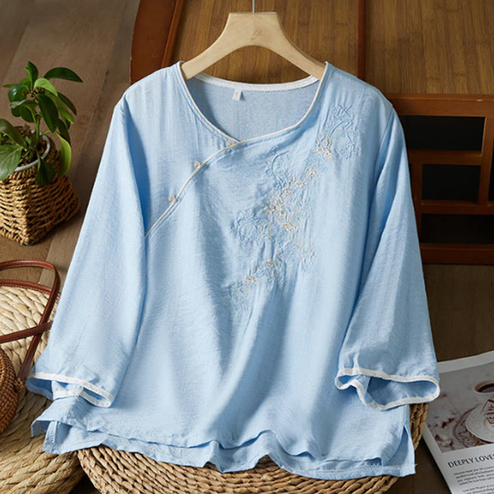 Buddha Stones casual da donna in cotone e lino con maniche a tre quarti, motivo a fiori ricamati, bottoni a rana, colletto inclinato - AzzurroCielo Chiaro - US12, UK/AU16, EU44 (3XL) - image 12