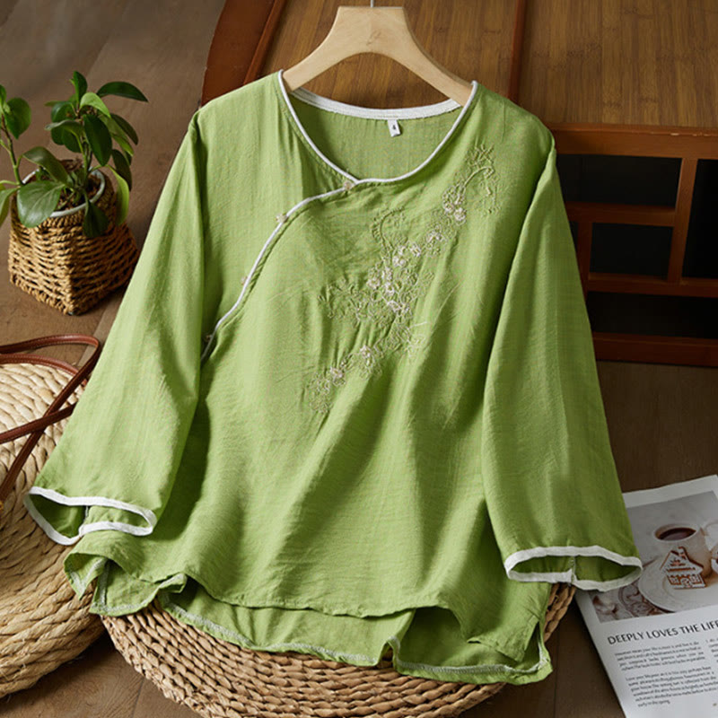 Buddha Stones casual da donna in cotone e lino con maniche a tre quarti, motivo a fiori ricamati, bottoni a rana, colletto inclinato - GialloVerde - US12, UK/AU16, EU44 (3XL) - image 25