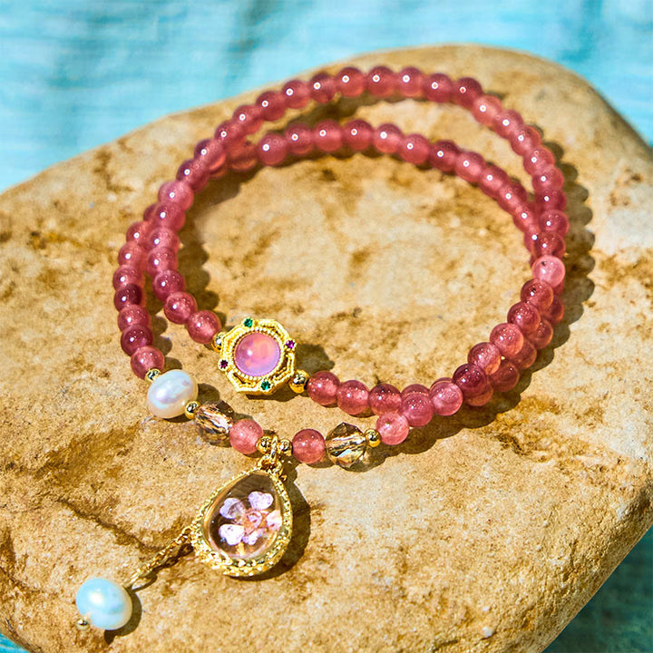 Bracciale Buddha Stones con quarzo fragola naturale, perla, farfalla, goccia d'acqua, positivo, doppio giro