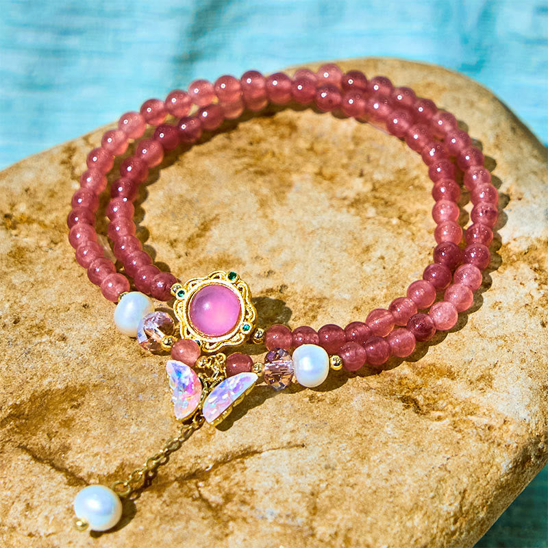 Bracciale Buddha Stones con quarzo fragola naturale, perla, farfalla, goccia d'acqua, positivo, doppio giro