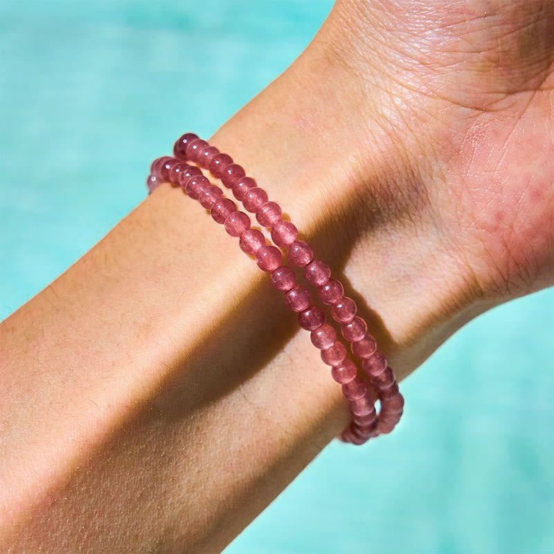 Bracciale Buddha Stones con quarzo fragola naturale, perla, farfalla, goccia d'acqua, positivo, doppio giro