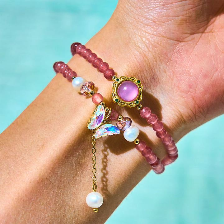 Bracciale Buddha Stones con quarzo fragola naturale, perla, farfalla, goccia d'acqua, positivo, doppio giro