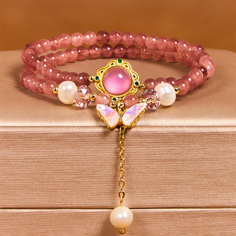 Bracciale Buddha Stones con quarzo fragola naturale, perla, farfalla, goccia d'acqua, positivo, doppio giro