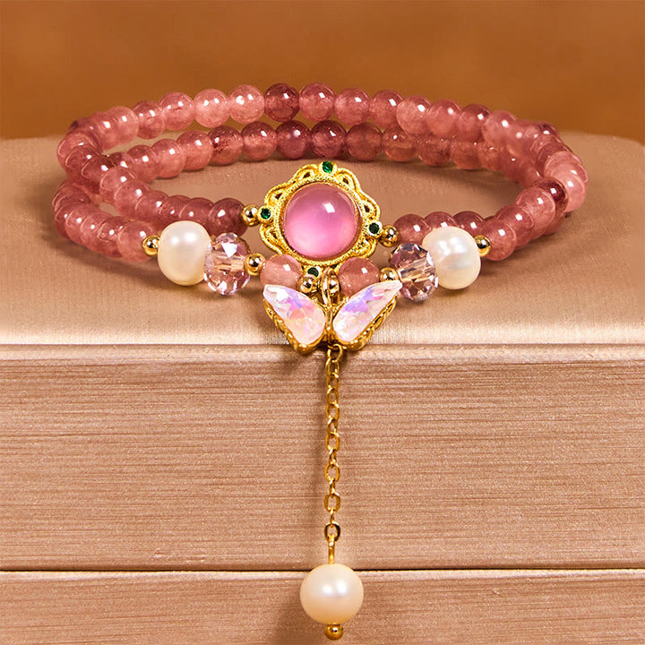 Bracciale Buddha Stones con quarzo fragola naturale, perla, farfalla, goccia d'acqua, positivo, doppio giro
