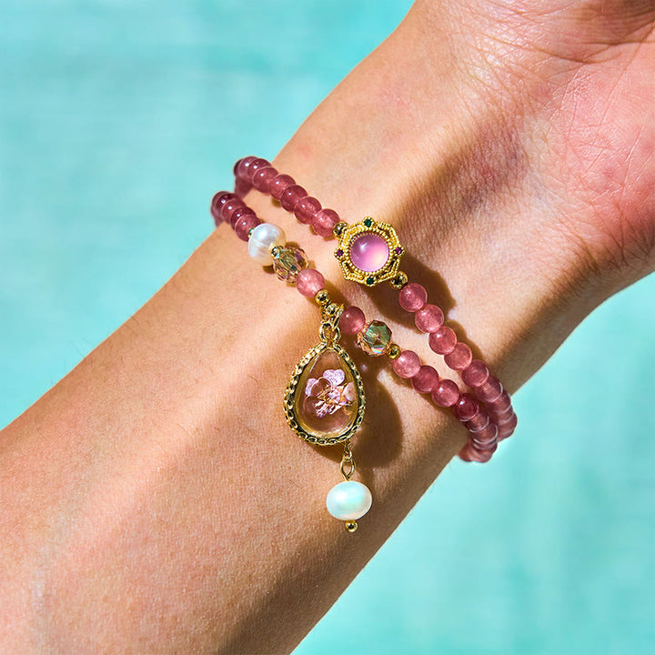 Bracciale Buddha Stones con quarzo fragola naturale, perla, farfalla, goccia d'acqua, positivo, doppio giro