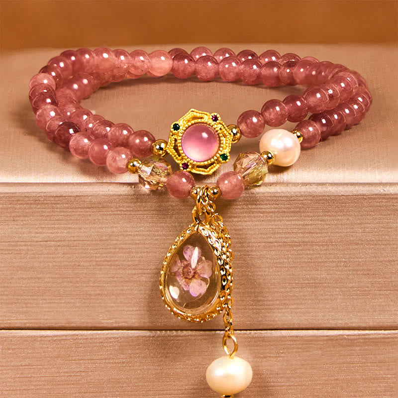 Bracciale Buddha Stones con quarzo fragola naturale, perla, farfalla, goccia d'acqua, positivo, doppio giro