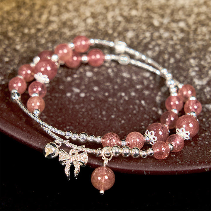 Bracciale a doppio giro con ciondolo a rosetta con fiocco e nodo in quarzo fragola naturale Buddha Stones