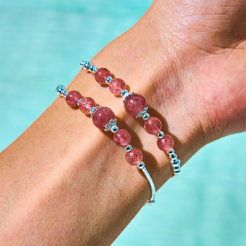 Bracciale a doppio giro con ciondolo a rosetta con fiocco e nodo in quarzo fragola naturale Buddha Stones