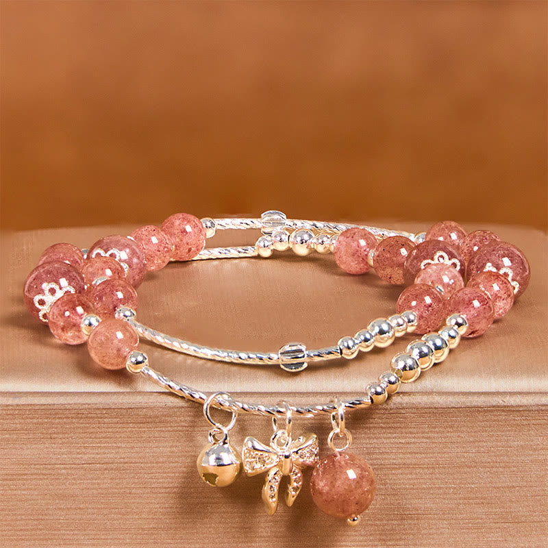 Bracciale a doppio giro con ciondolo a rosetta con fiocco e nodo in quarzo fragola naturale Buddha Stones