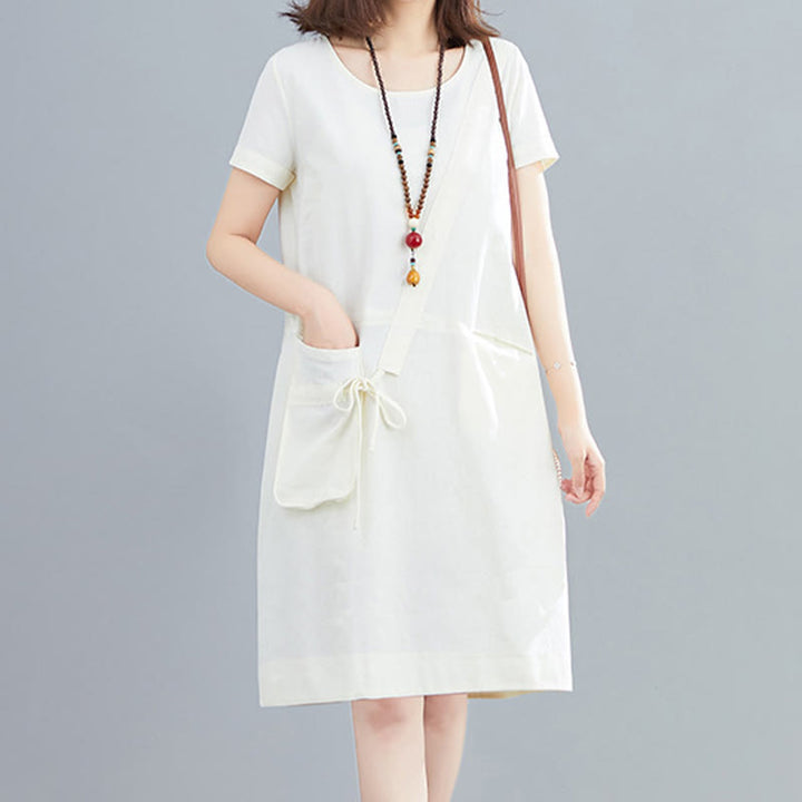 Abito midi in lino e cotone con tasche, casual estivo, con lacci, girocollo, manica corta, Buddha Stones - Bianco - US8-10, UK/AU12-14, EU40-42 (2XL) - image 0