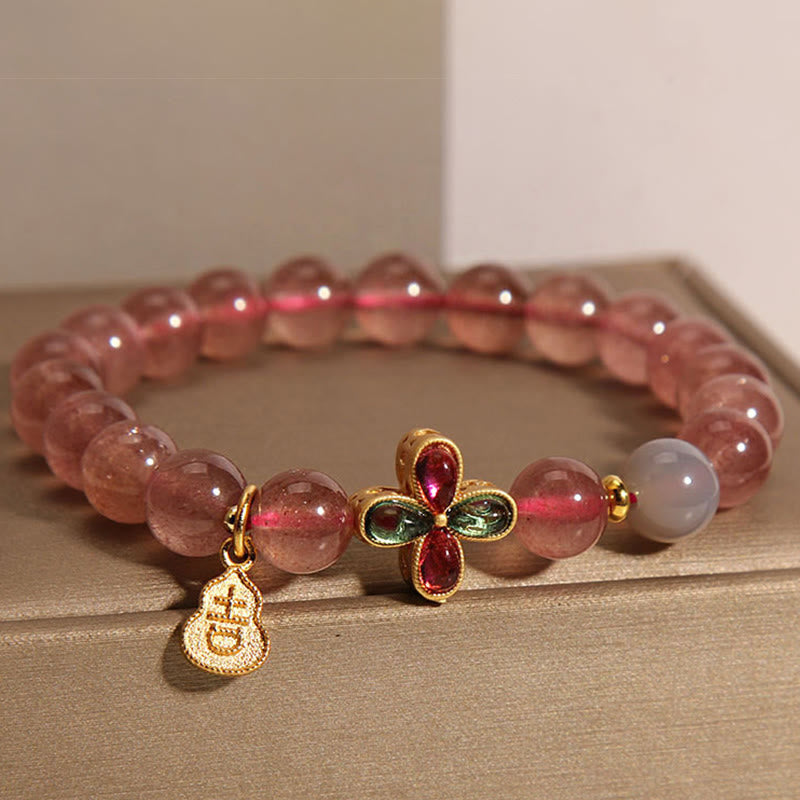 Braccialetto curativo Buddha Stones, Quarzo Fragola, Quadrifoglio, Zucca Portafortuna
