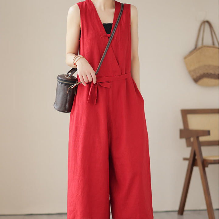 Tuta da donna in cotone e lino con tasche, modello casual, allacciata e senza maniche, modello Buddha Stones - image 7