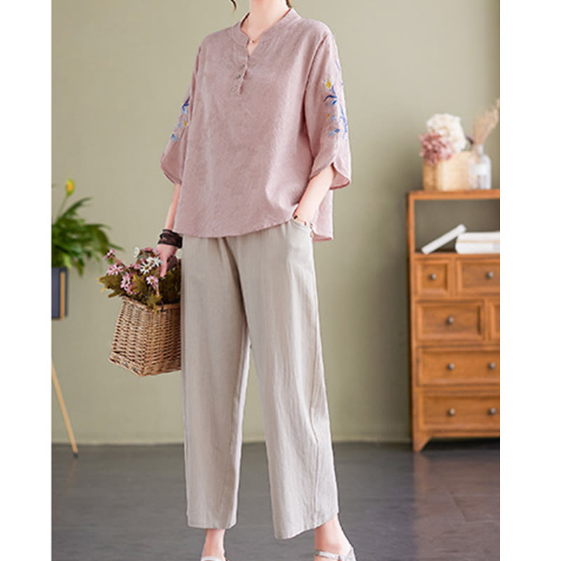 Camicia da donna in cotone e lino con colletto a punta, manica a tre quarti, ricamo estivo con Buddha Stones e fiori - image 1