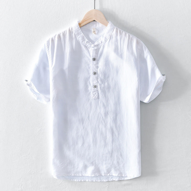 Camicia da uomo in cotone e lino a maniche corte con colletto alto, tinta unita, motivo Buddha Stones, con bottoni a metà - Bianco - US/UK/AU46, EU56 (5XL) - image 5