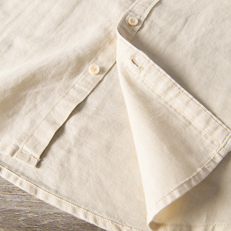 Camicia da uomo in cotone e lino a maniche corte con colletto alto, modello Buddha Stones, casual, semplice, con bottoni e tasche anteriori - image 16