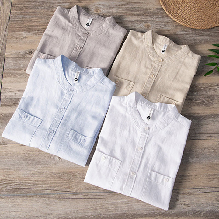 Camicia da uomo in cotone e lino a maniche corte con colletto alto, modello Buddha Stones, casual, semplice, con bottoni e tasche anteriori - image 17