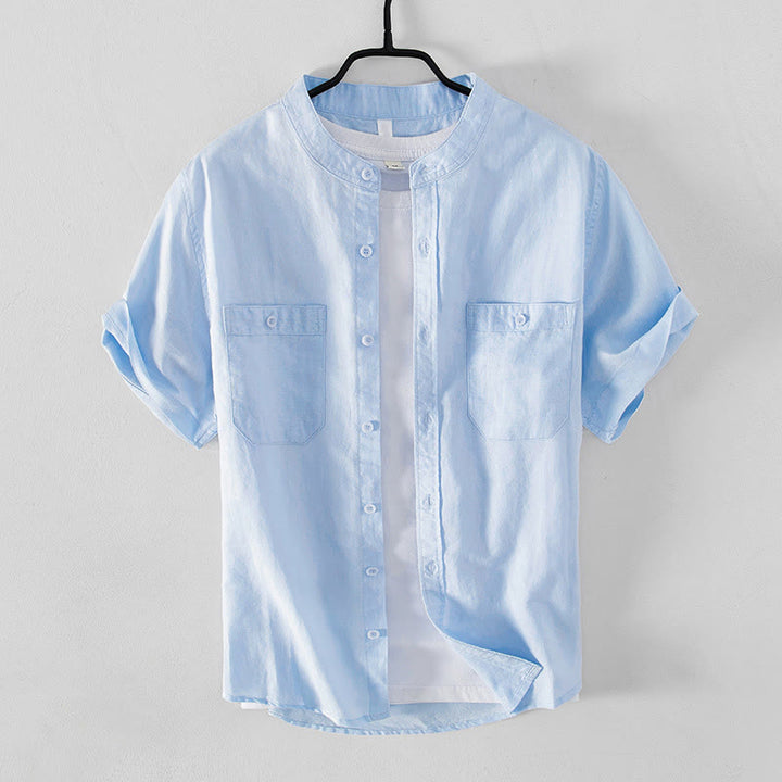 Camicia da uomo in cotone e lino a maniche corte con colletto alto, modello Buddha Stones, casual, semplice, con bottoni e tasche anteriori - AzzurroCielo Chiaro - US/UK/AU42, EU52 (3XL) - image 0